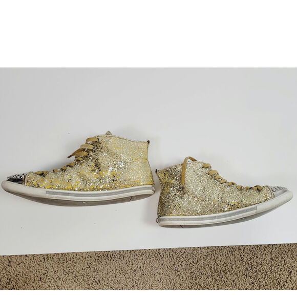 MIU MIU Gold Glitter High Tops w Silver Studded Cap Toe Sneakers, sz 38 EU/ 8 US - Picture 12 of 16